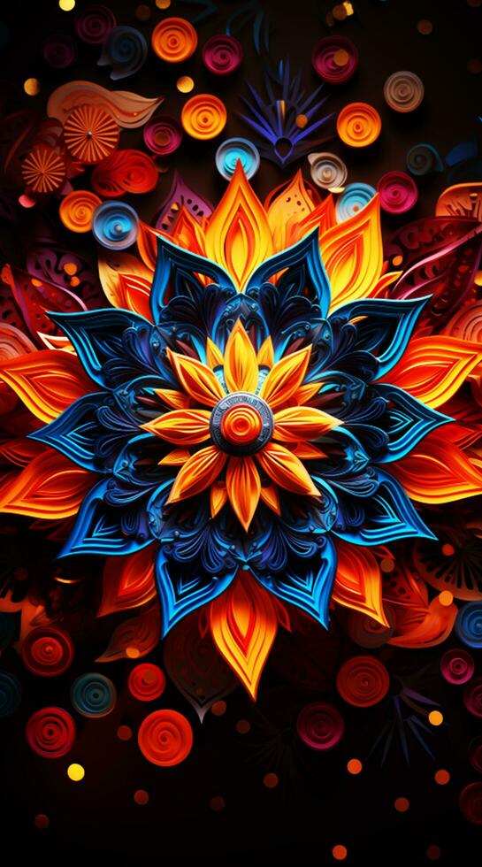 vibrante azul y naranja mandala flor centrado en un oscuro antecedentes foto