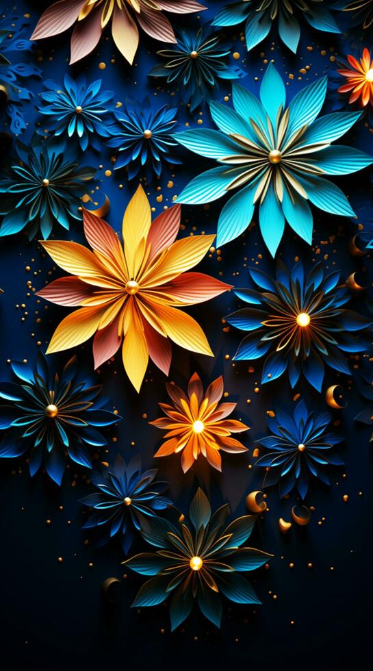 Metallic 3D Flowers on a Dark Blue Gradient with Gold Particles photo