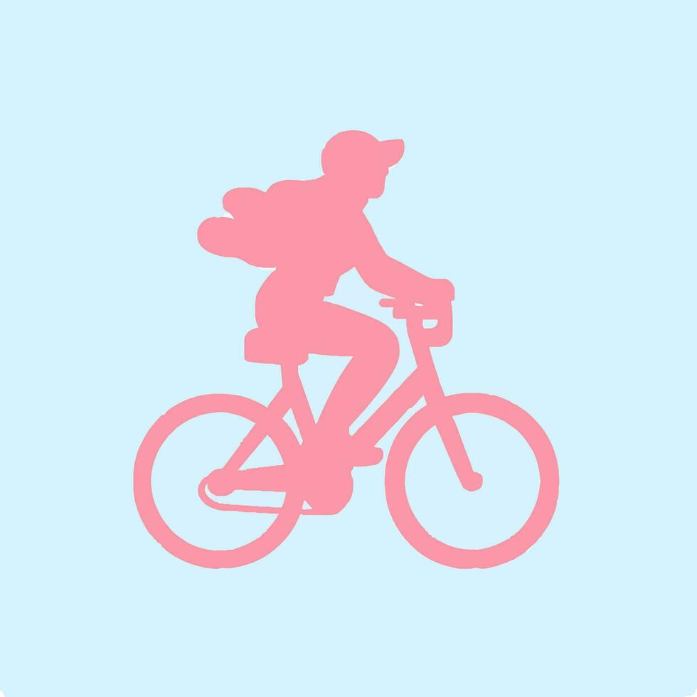 rosado ciclista silueta en ligero azul antecedentes. persona montando bicicleta, viento en cabello, símbolo de movimiento y al aire libre alegría. vector