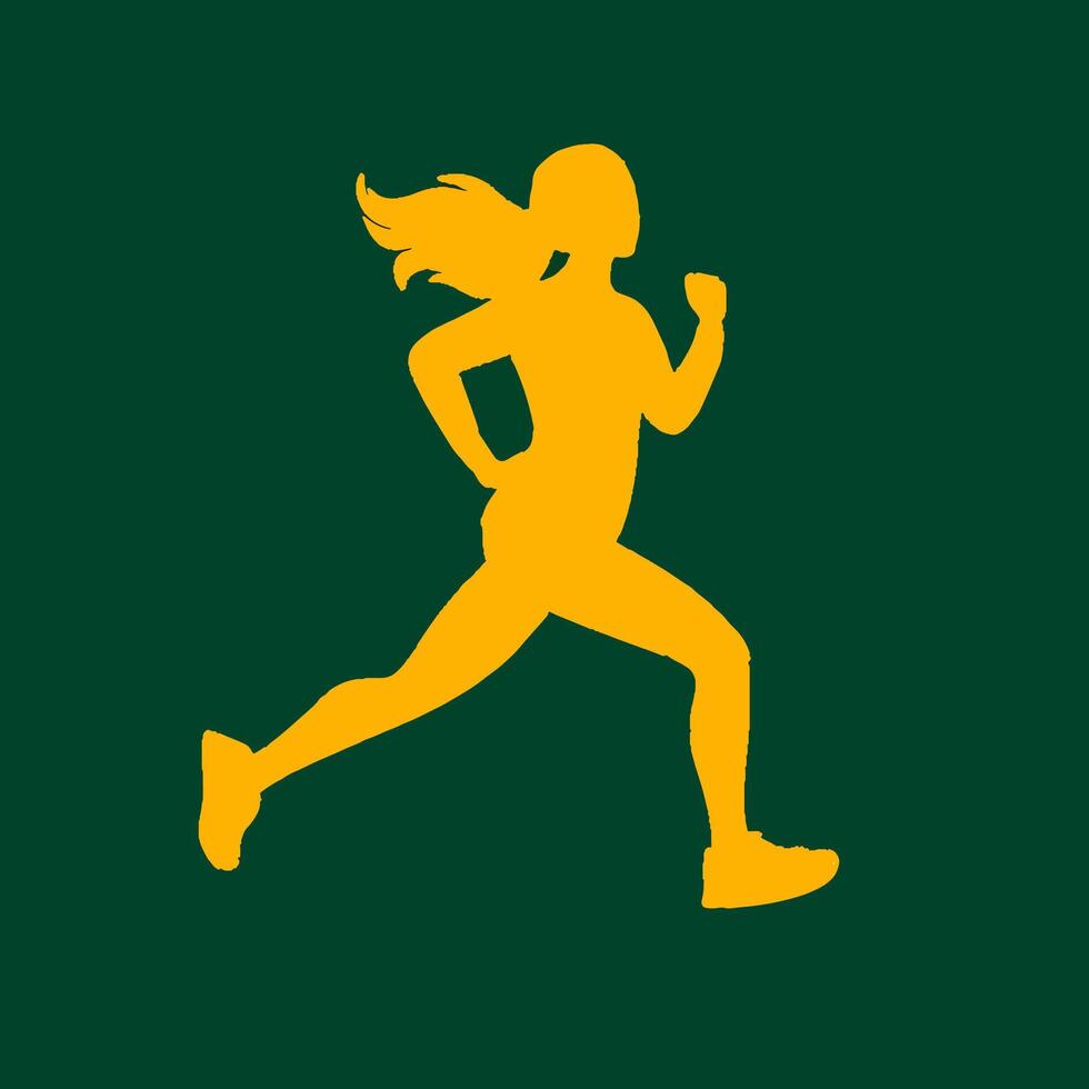A yellow woman is running on a green background. Her hair is flying