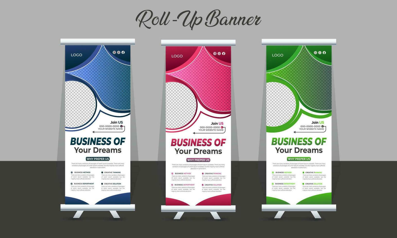 Creative Corporate Roll-Up Banner design or pull-up banner template vector, abstract background, modern x-banner, rectangle size for Advertising and Multipurpose Use with three Color Variations. vector