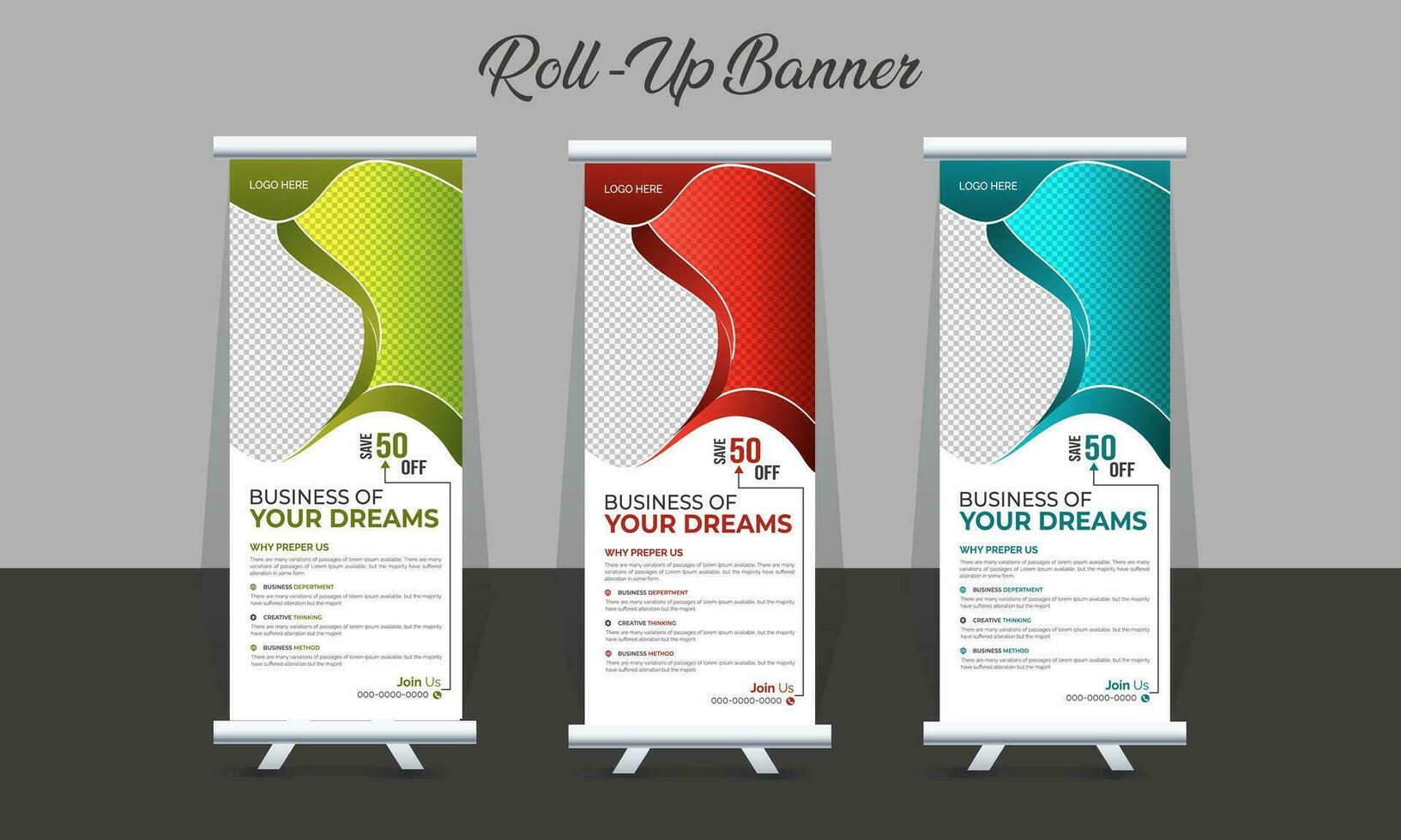 Roll up banner design template, with 3 designs, 3 colors. editable roll-up banner vector template. Corporate business advertising marketing.