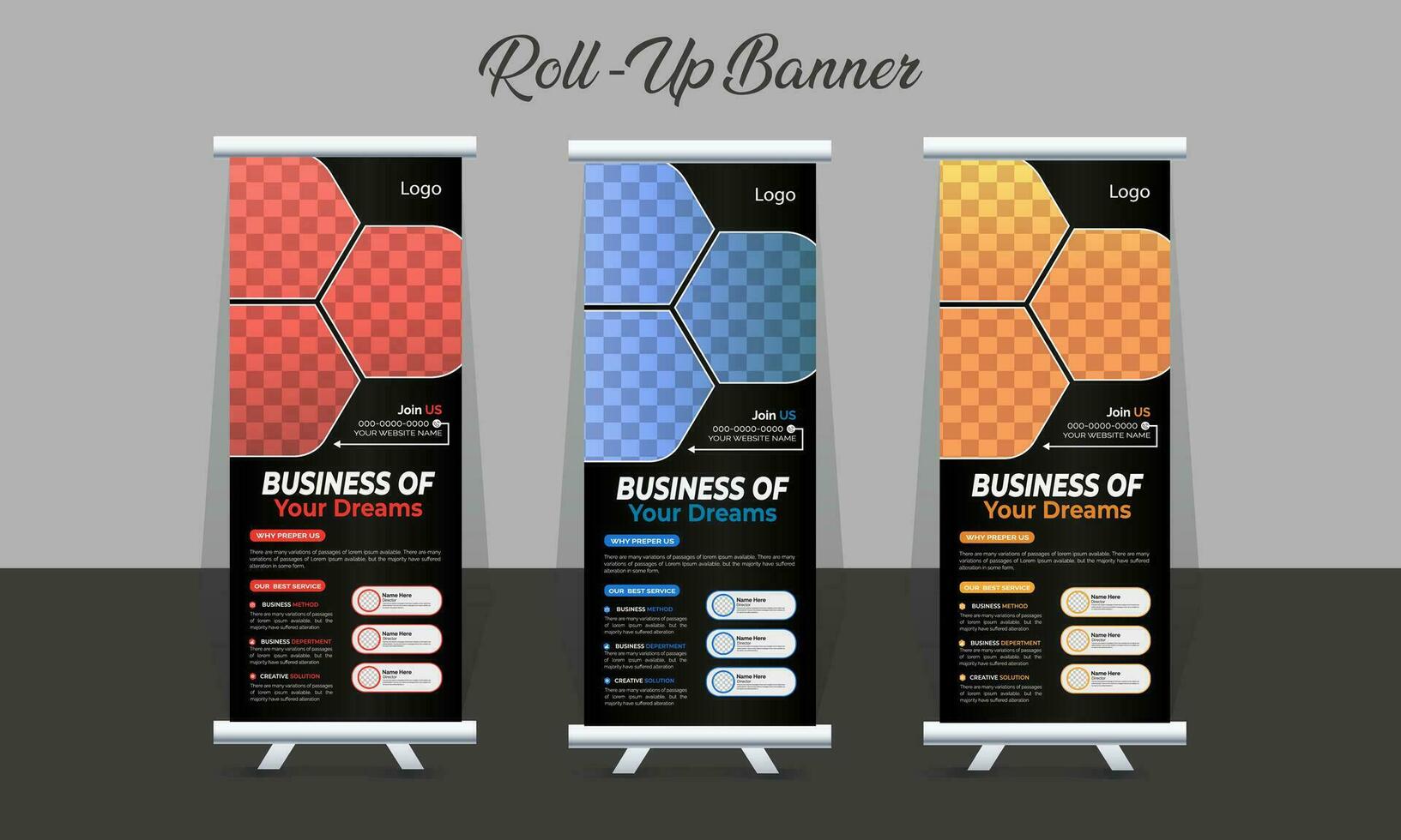 Creative Corporate Roll-Up Banner design or pull-up banner template vector, abstract background, modern x-banner, rectangle size for Advertising and Multipurpose Use with three Color Variations. vector