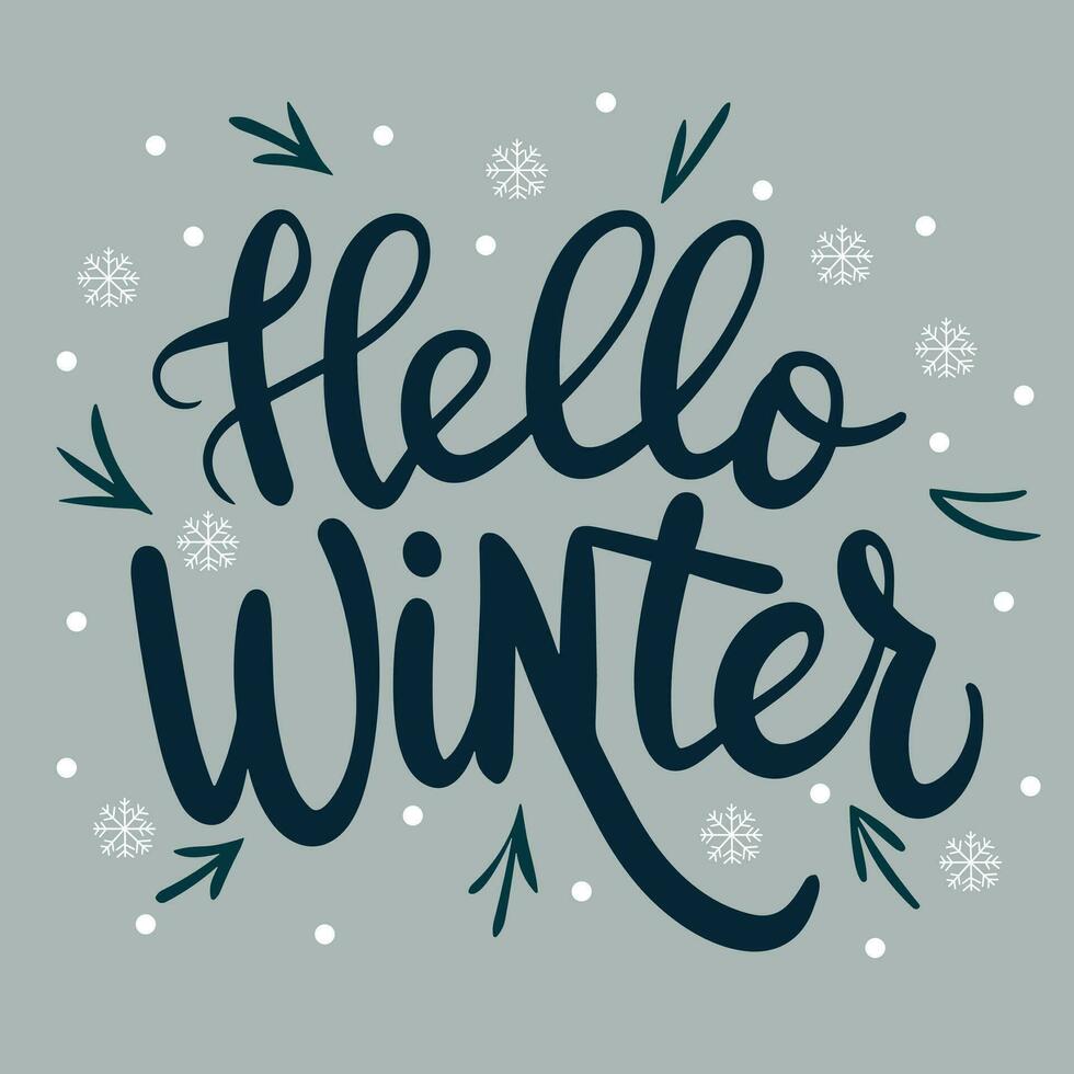 Hello winter handwriting lettering banner concept. Winter logo and emblems for greeting card, post, banner. Hello winter square composition. Vector illustraiton.