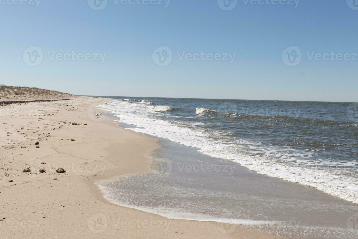 I loved the look of this beach scene as the waves crashed in. The pretty look of the whitecapped surd rushing in to the shore. The sand showing different tone to where the water once was. photo