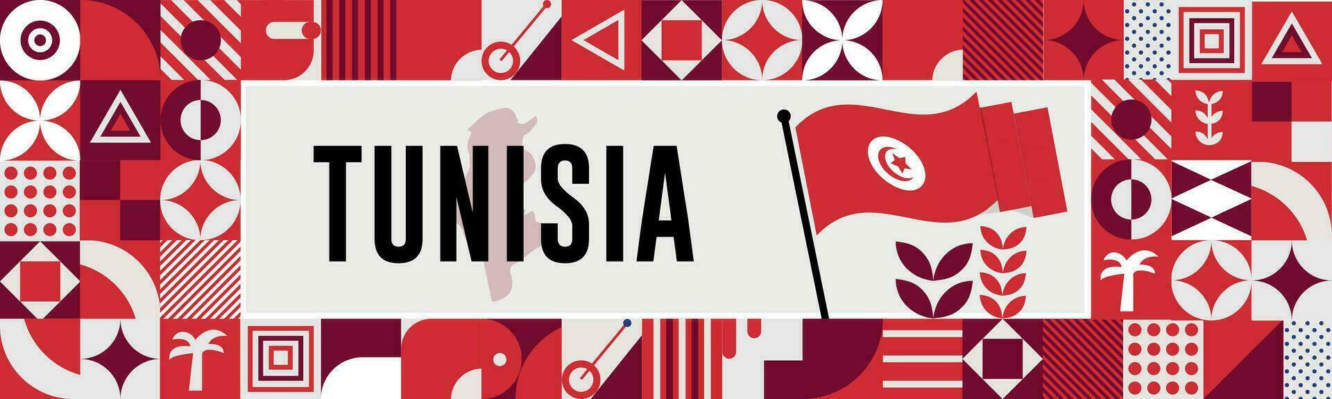 TUNISIA national day banner with map, flag colors theme background and geometric abstract retro modern colorfull design with raised hands or fists. vector