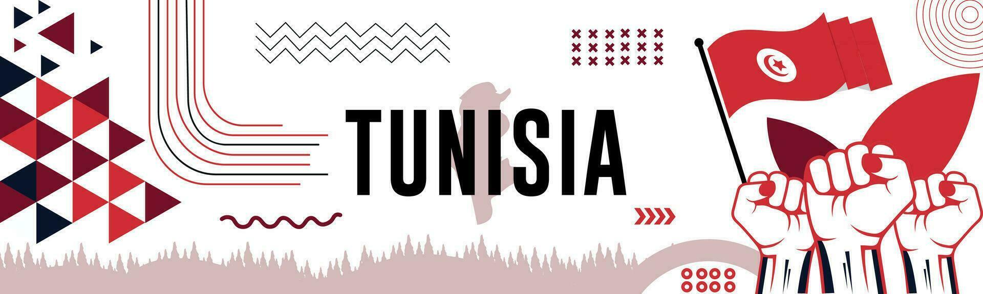 TUNISIA national day banner with map, flag colors theme background and geometric abstract retro modern colorfull design with raised hands or fists. vector