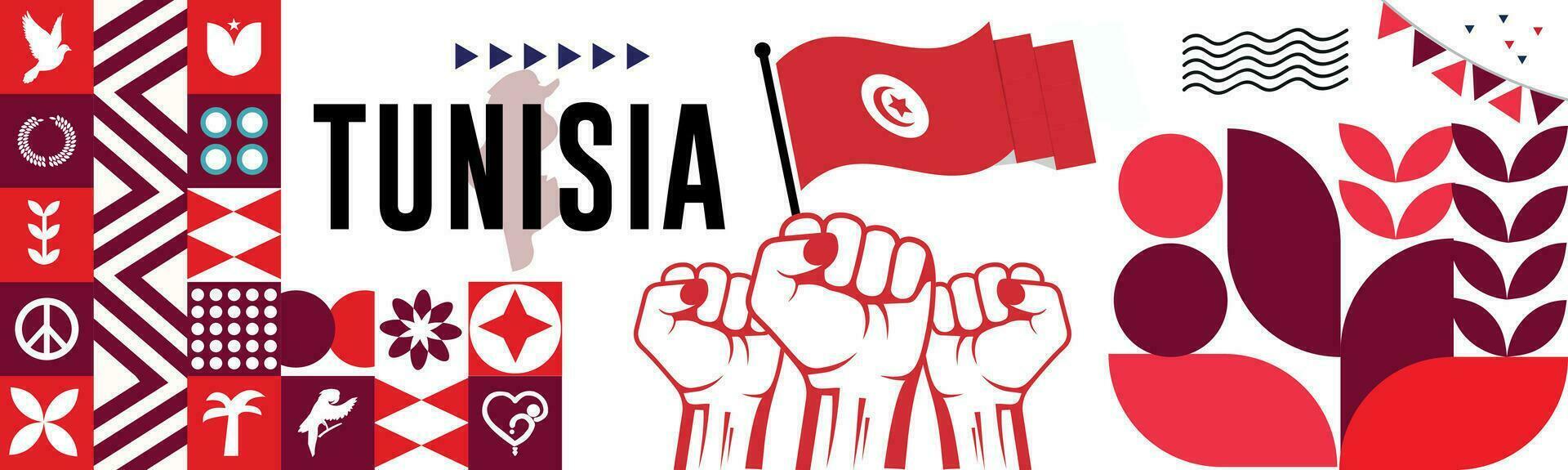 TUNISIA national day banner with map, flag colors theme background and geometric abstract retro modern colorfull design with raised hands or fists. vector