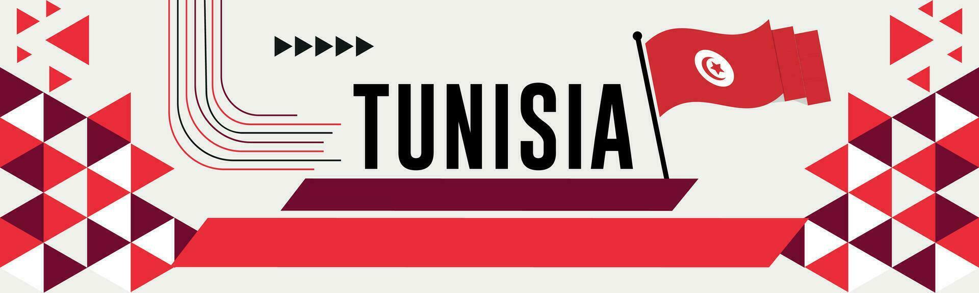Túnez nacional día bandera con mapa, bandera colores tema antecedentes y geométrico resumen retro moderno colorido diseño con elevado manos o puños vector