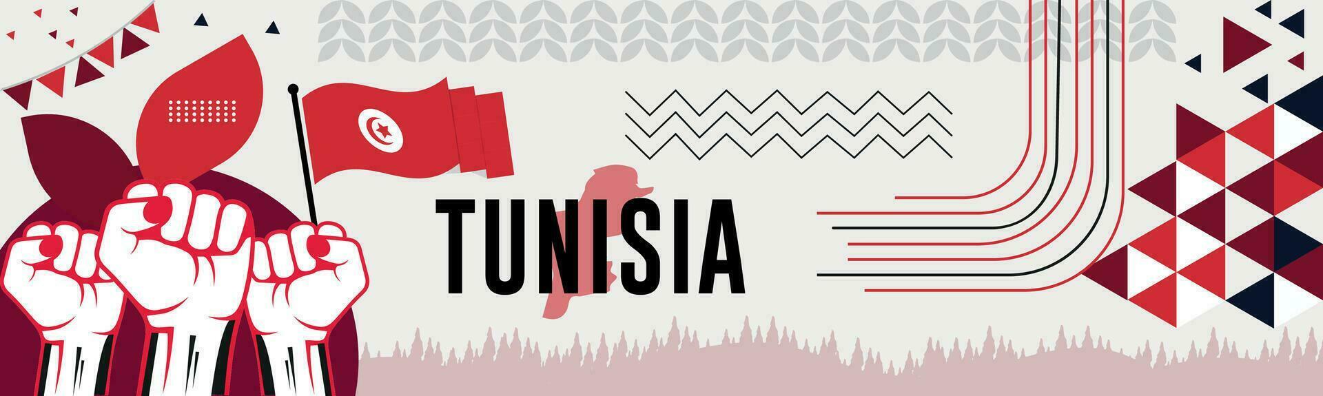 TUNISIA national day banner with map, flag colors theme background and geometric abstract retro modern colorfull design with raised hands or fists. vector