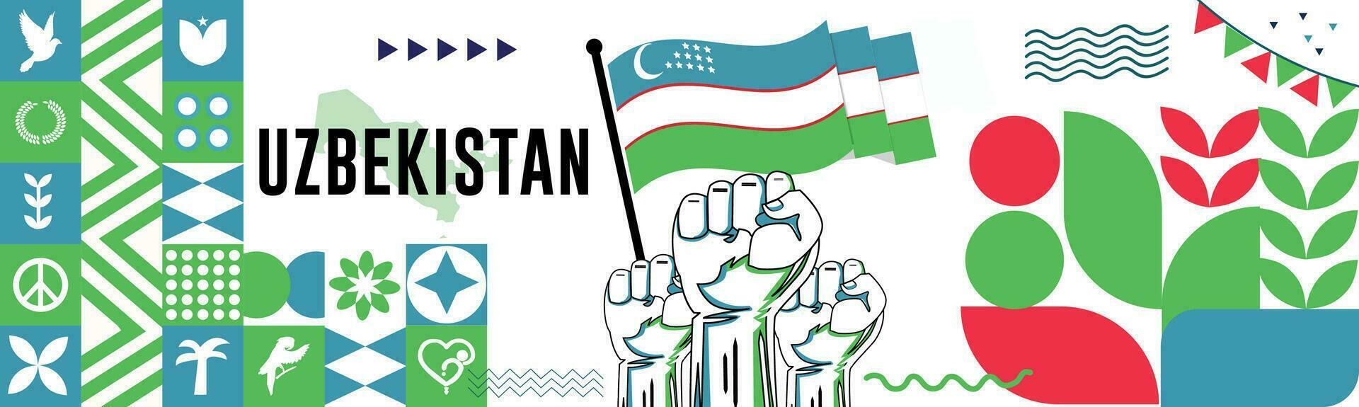 Uzbekistan national day banner with map, flag colors theme background and geometric abstract retro modern colorfull design with raised hands or fists. vector