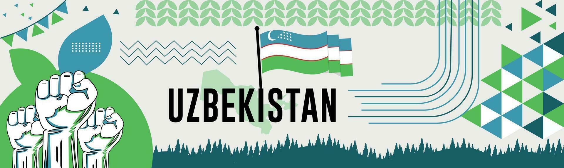 Uzbekistan national day banner with map, flag colors theme background and geometric abstract retro modern colorfull design with raised hands or fists. vector