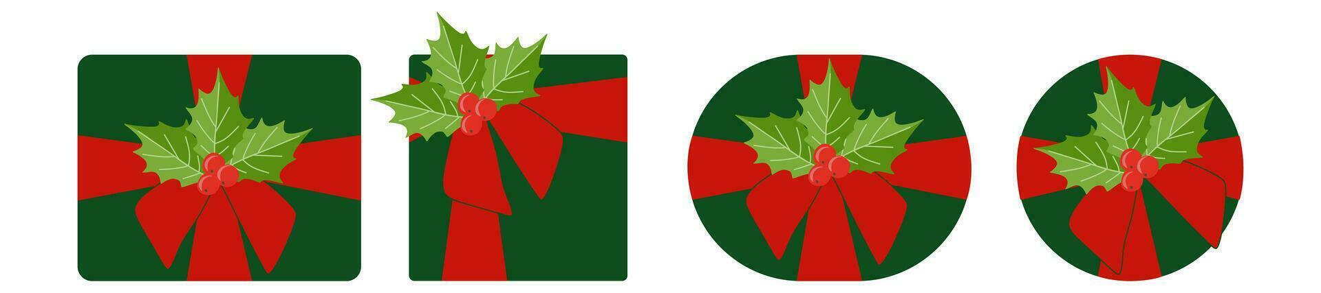 Set of Green Gift Boxes with Red Ribbon and Holly berry branches. Christmas Season Decoration. Vector Flat cartoon illustration isolated on white. Colorful Holiday Template for Postcard, Banner