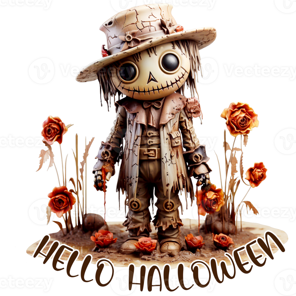 Hello Halloween. Cute funny garden scarecrow. AI generated png