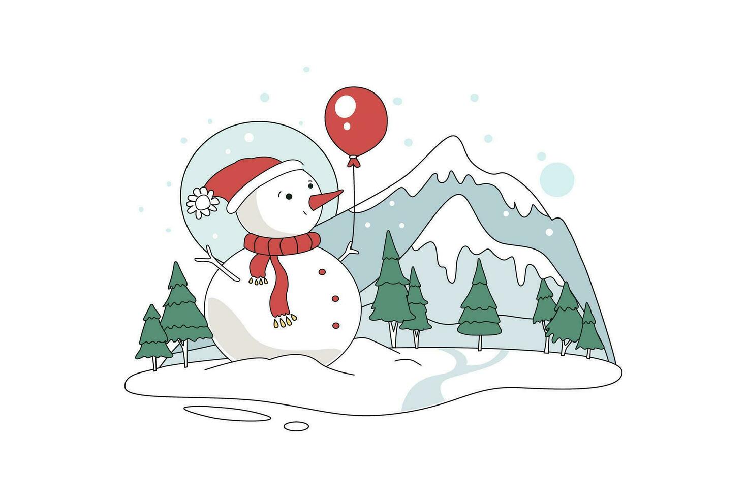 monigote de nieve y globos plano ilustración vector