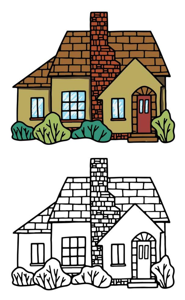 Cozy home, homestead, cottage. Hand drawn vector flat illustration. Set of contour and color drawing isolated on white. Doodles element for design, print, sticker, coloring.