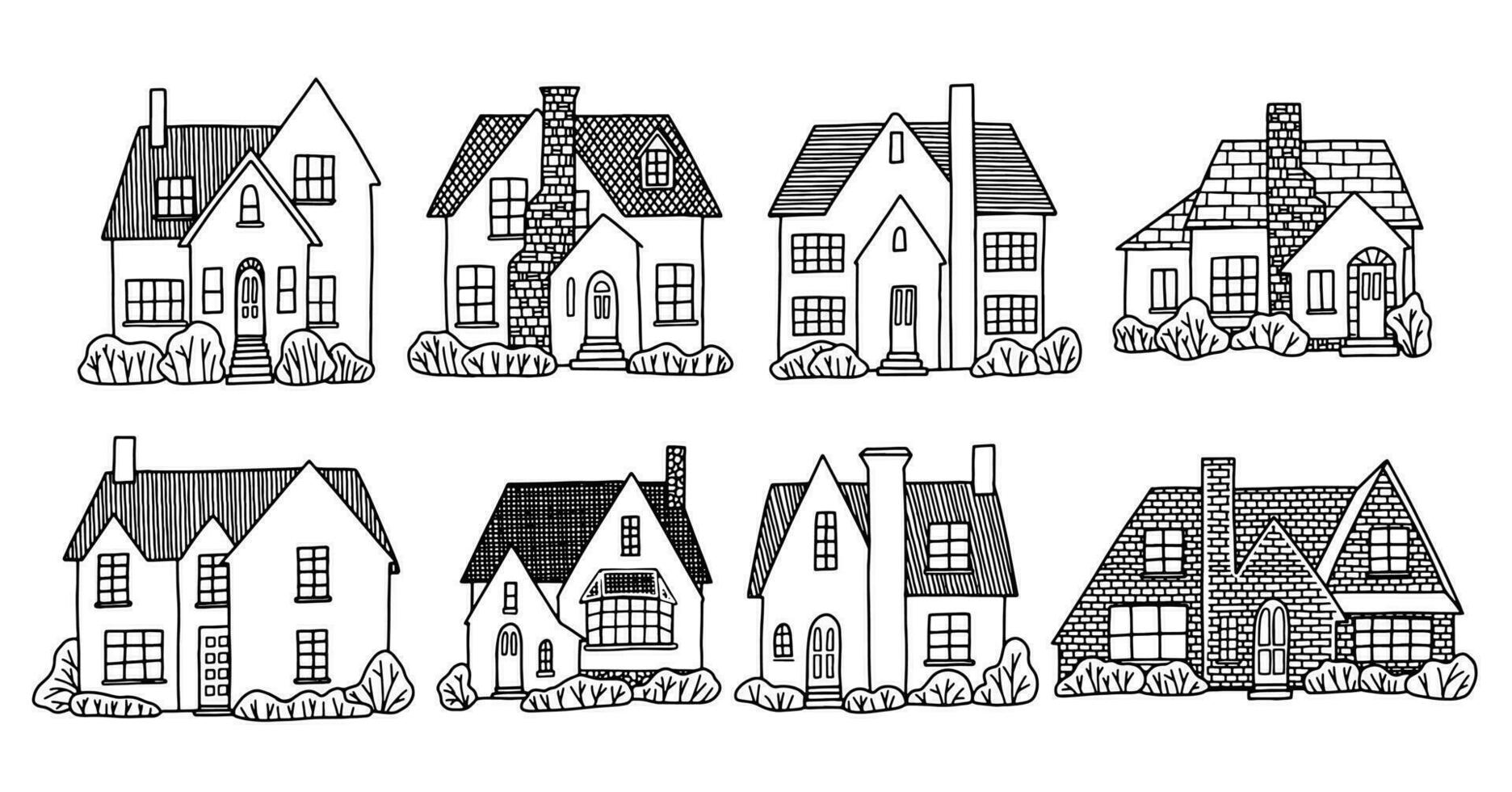 Set of various lovely country houses. Collection of hand drawn vector illustration in cartoon flat style. Contour drawings isolated on white. For design, cards, print, banners, posters, stickers