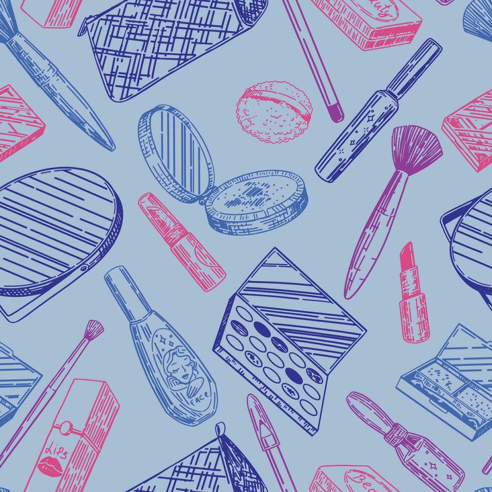Abstract ornament of makeup kit. Beauty accessories cosmetic sketches seamless pattern. Hand drawn vector illustrations in retro style.