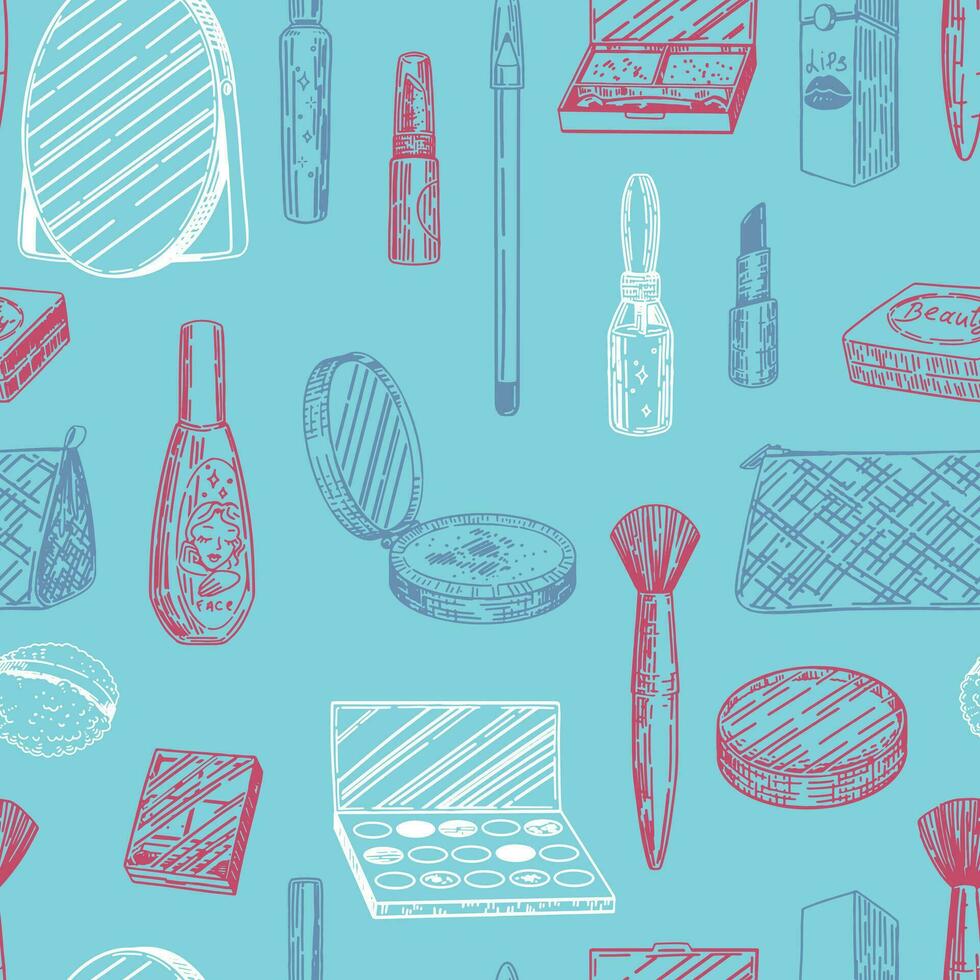 Abstract ornament of makeup kit. Beauty accessories cosmetic sketches seamless pattern. Hand drawn vector illustrations in retro style.
