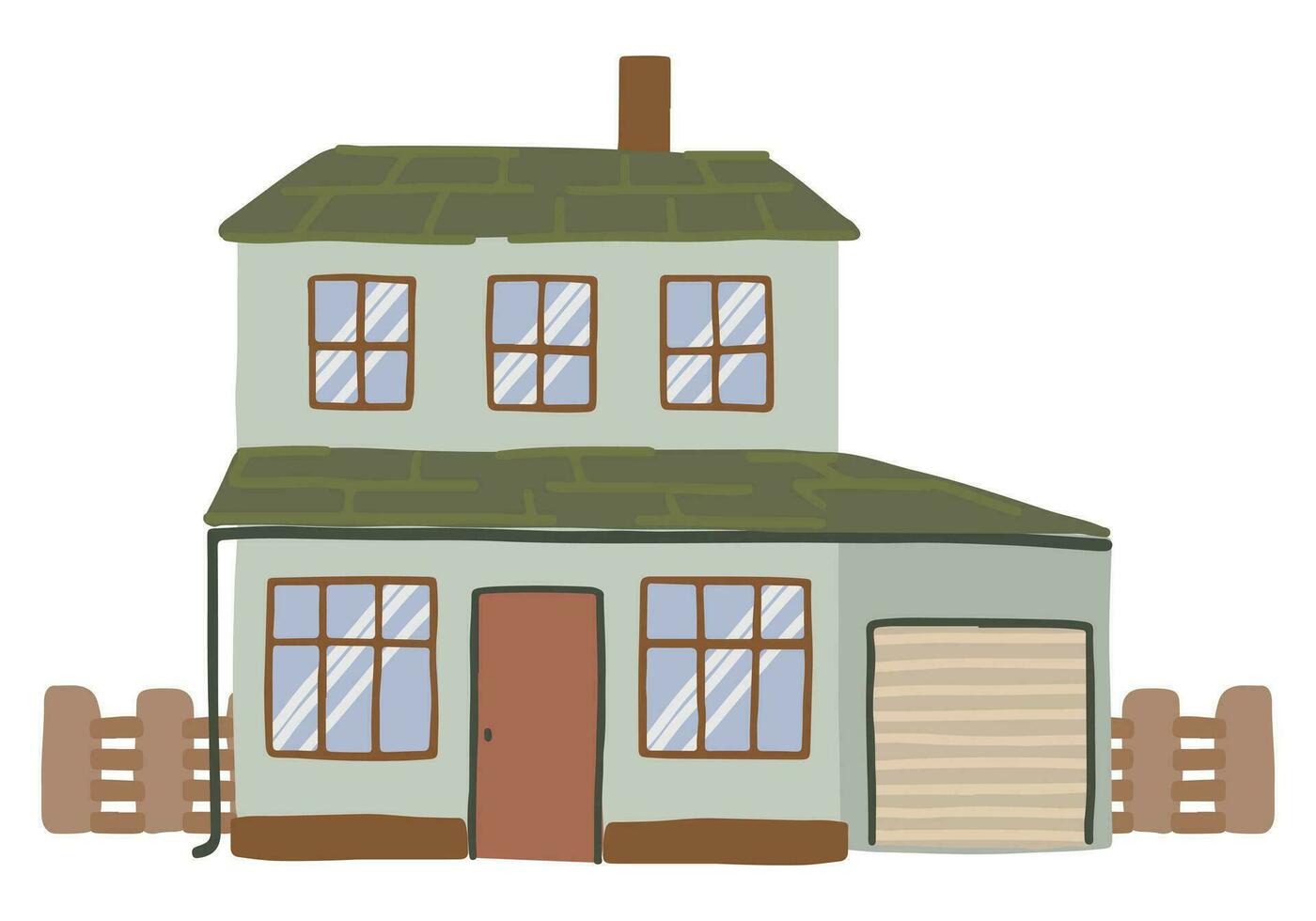 House clip art. Home facade with doors, windows, fence, garage. Lovely residential building. Modern flat vector illustration isolated on white.