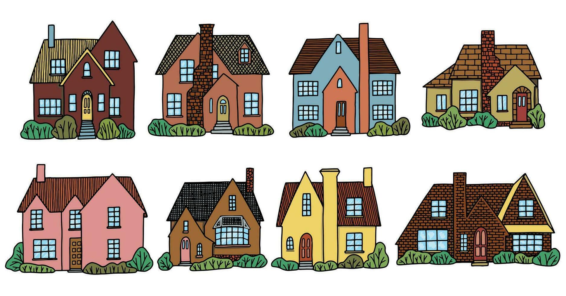 Set of various lovely country houses. Collection of hand drawn vector illustration in cartoon flat style. Colorful drawings isolated on white. For design, cards, print, banners, posters, stickers.