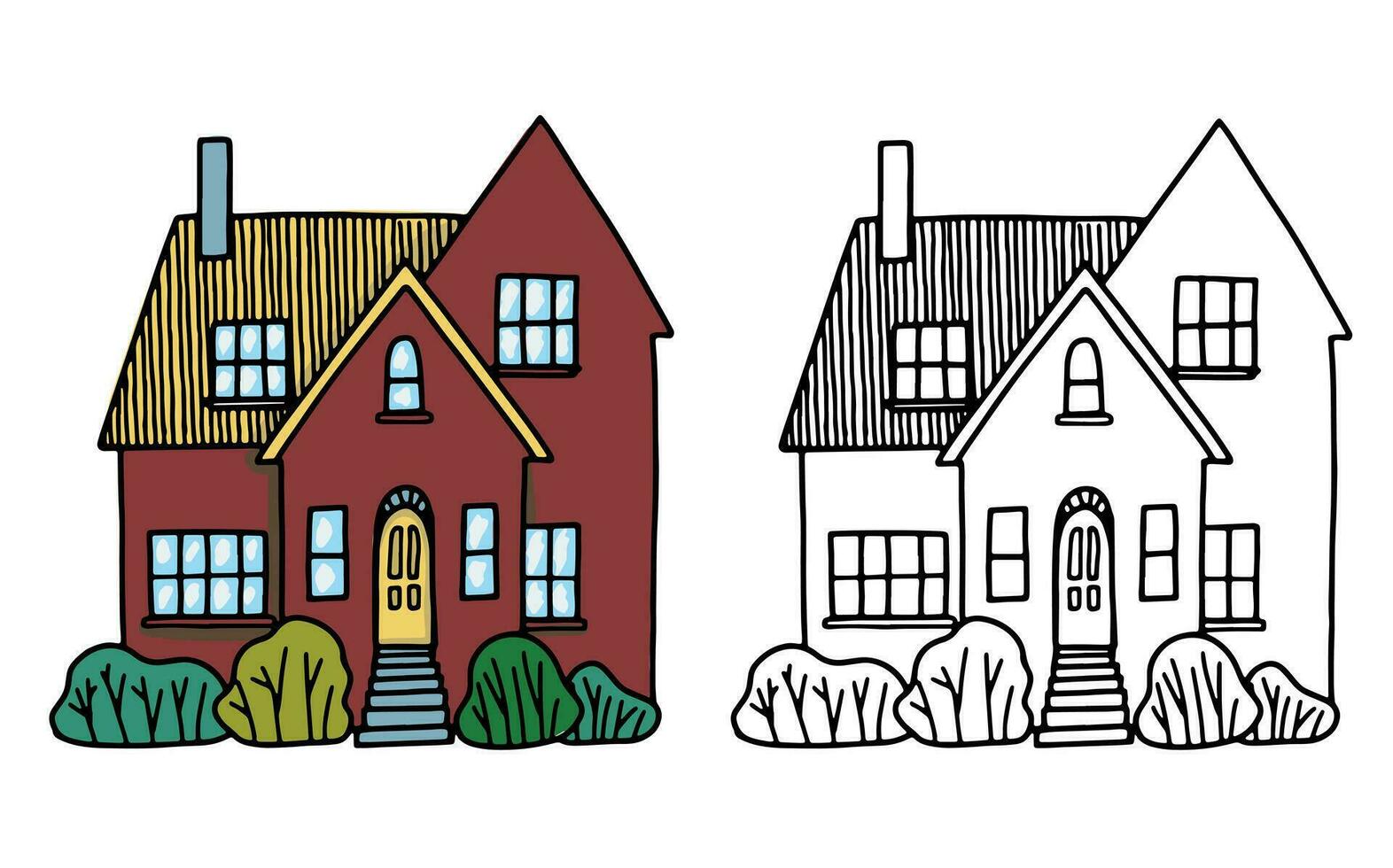 Cozy home, homestead, cottage. Hand drawn vector flat illustration. Set of contour and color drawing isolated on white. Doodles element for design, print, sticker, coloring.