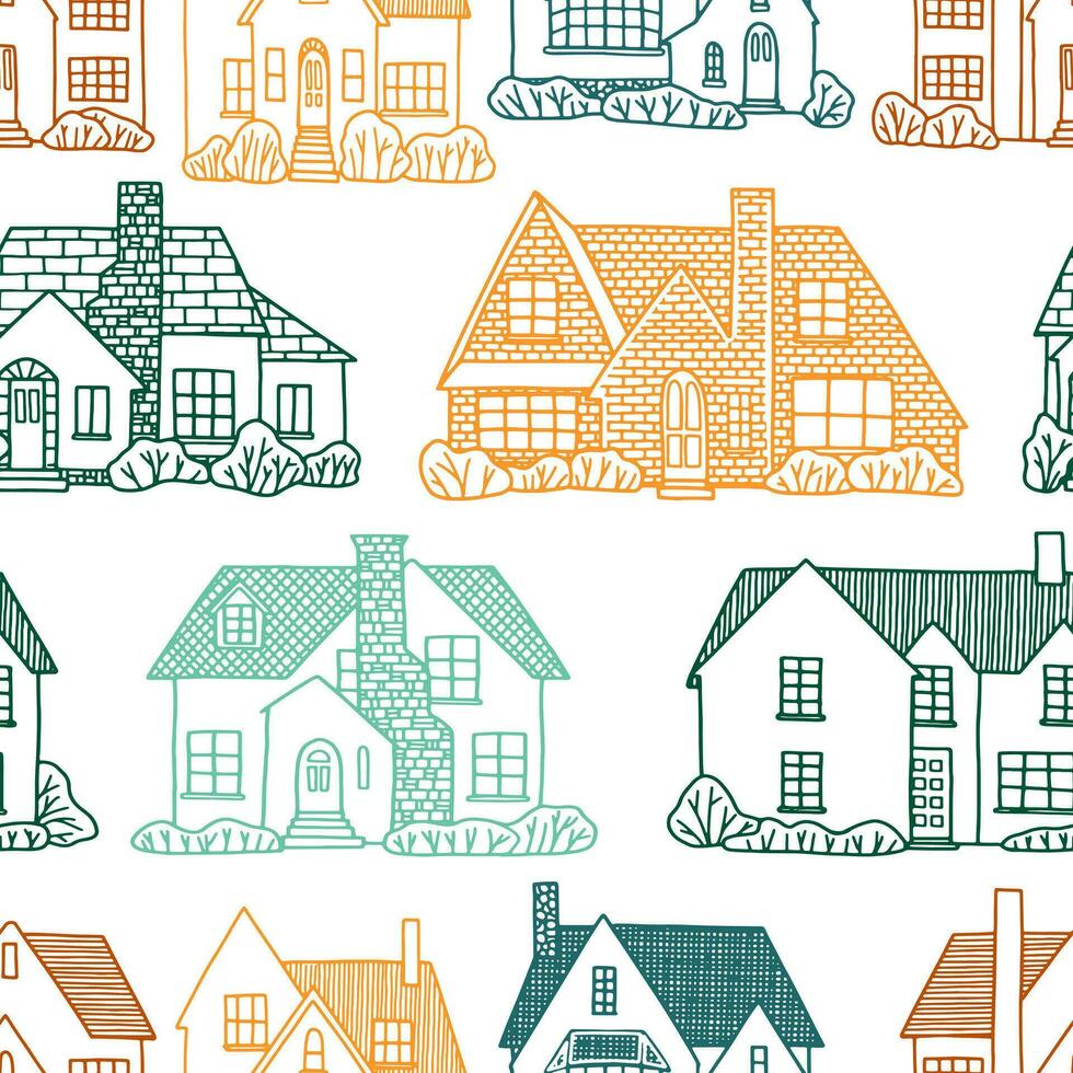 Lovely houses. Cozy home, homestead, cottage, villa. Hand drawn vector seamless pattern. Flat outline drawing. Colorful background in vintage style. Design for wallpaper, textile, fabric, print, wrap.