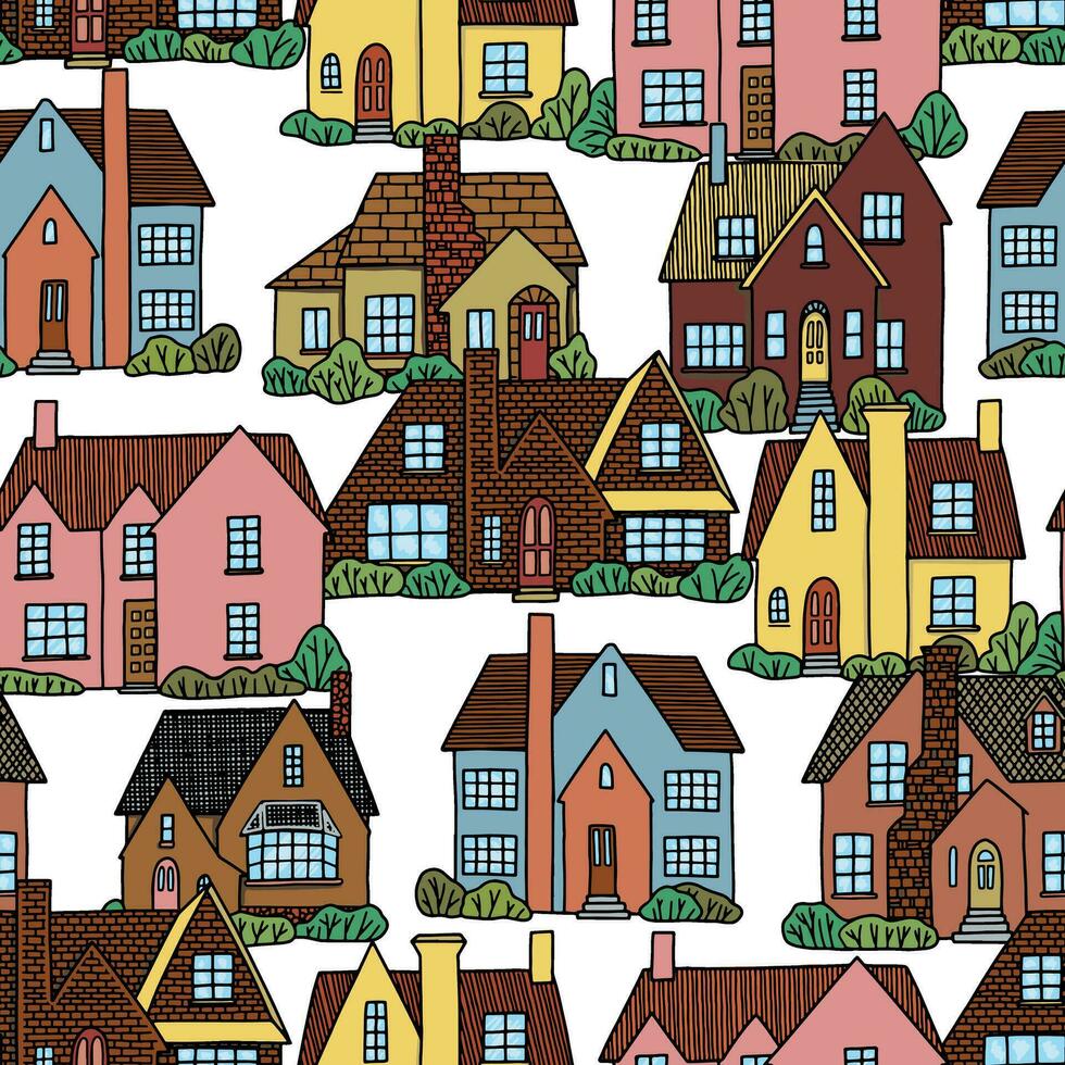 Seamless pattern of country houses, cozy city. Lovely residential buildings ornament. Flat vector illustration. Design for wallpaper, background.