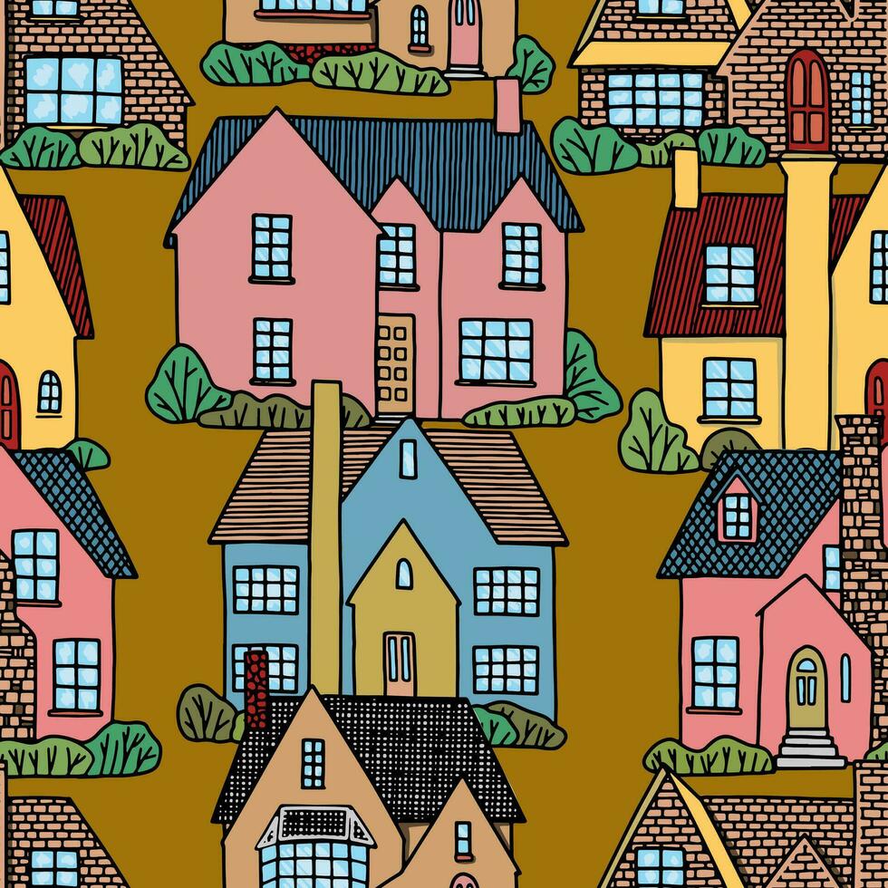 Seamless pattern of country houses, cozy city. Lovely residential buildings ornament. Flat vector illustration. Design for wallpaper, background.