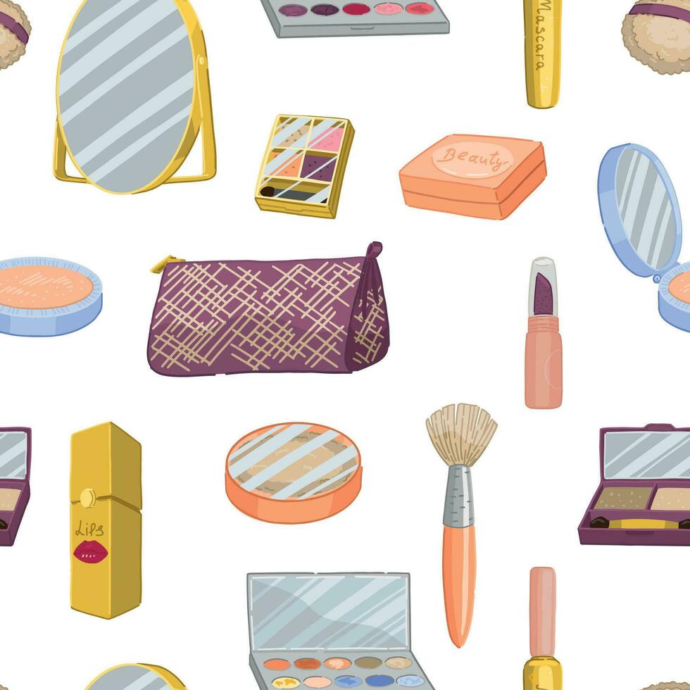 Abstract ornament of makeup kit. Beauty accessories cosmetic seamless pattern. Cartoon style vector illustrations.