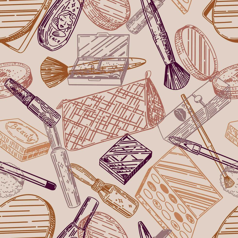 Abstract ornament of makeup kit. Beauty accessories cosmetic sketches seamless pattern. Hand drawn vector illustrations in retro style.