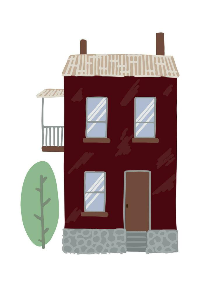 casa acortar Arte. hogar fachada con puertas, ventanas, arboles encantador residencial edificio. moderno plano vector ilustración aislado en blanco.