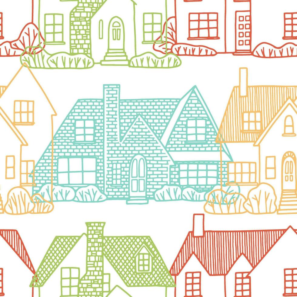 Lovely houses. Cozy home, homestead, cottage, villa. Hand drawn vector seamless pattern. Flat outline drawing. Colorful background in vintage style. Design for wallpaper, textile, fabric, print, wrap.