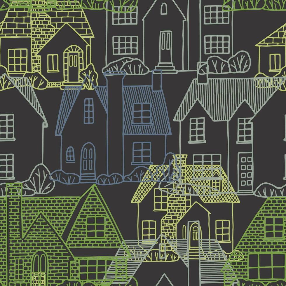 Lovely houses. Cozy home, homestead, cottage, villa. Hand drawn vector seamless pattern. Flat outline drawing. Colorful background in vintage style. Design for wallpaper, textile, fabric, print, wrap.