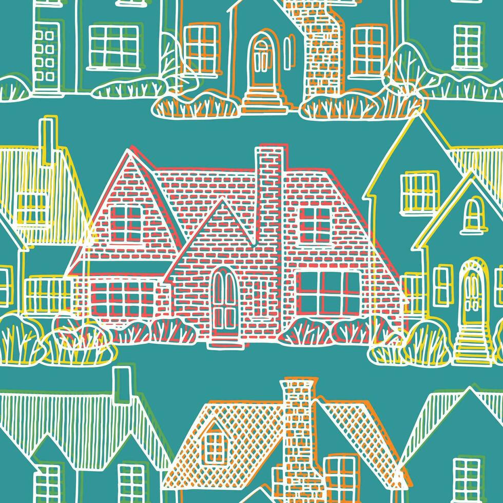 Lovely houses. Cozy home, homestead, cottage, villa. Hand drawn vector seamless pattern. Flat outline drawing. Colorful background in vintage style. Design for wallpaper, textile, fabric, print, wrap.