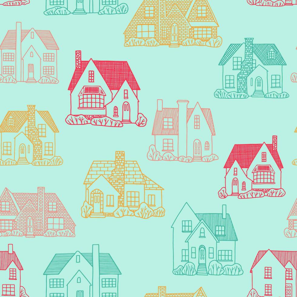 Lovely houses. Cozy home, homestead, cottage, villa. Hand drawn vector seamless pattern. Flat outline drawing. Colorful background in vintage style. Design for wallpaper, textile, fabric, print, wrap.