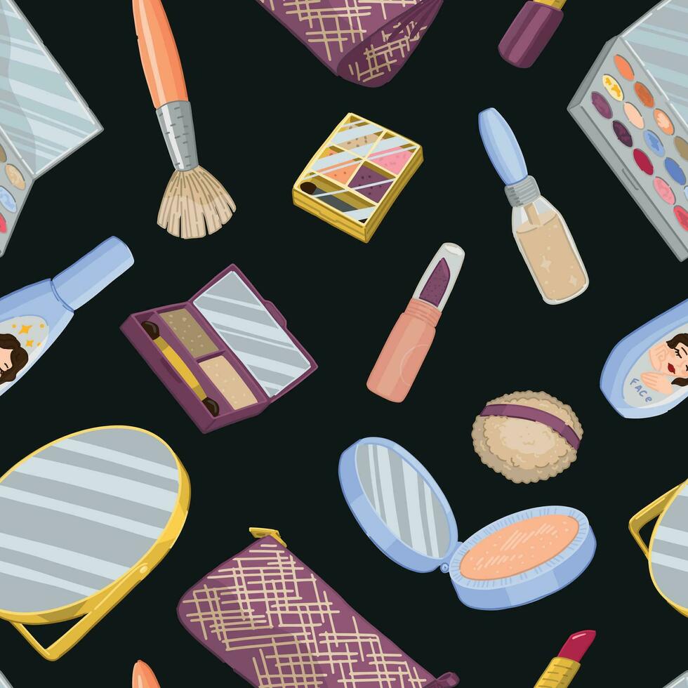 Abstract ornament of makeup kit. Beauty accessories cosmetic seamless pattern. Cartoon style vector illustrations.