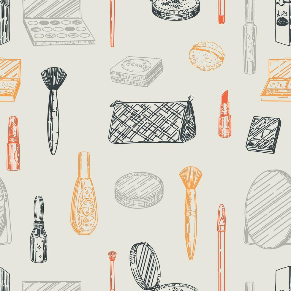 Abstract ornament of makeup kit. Beauty accessories cosmetic sketches seamless pattern. Hand drawn vector illustrations in retro style.