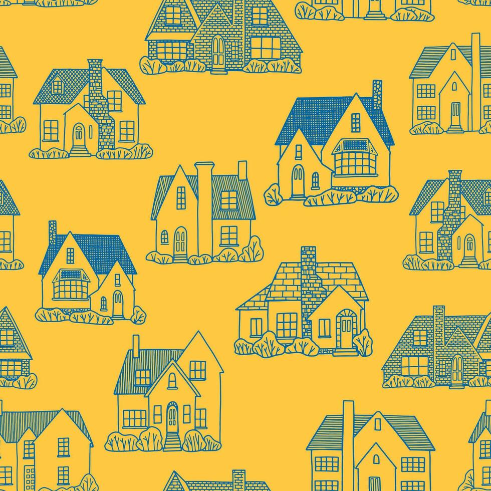 Hand drawn vector seamless pattern. Lovely houses. Cozy home, homestead, cottage, villa. Flat outline drawing. Colorful background in vintage style. For design, wallpaper, textile, fabric, print, wrap