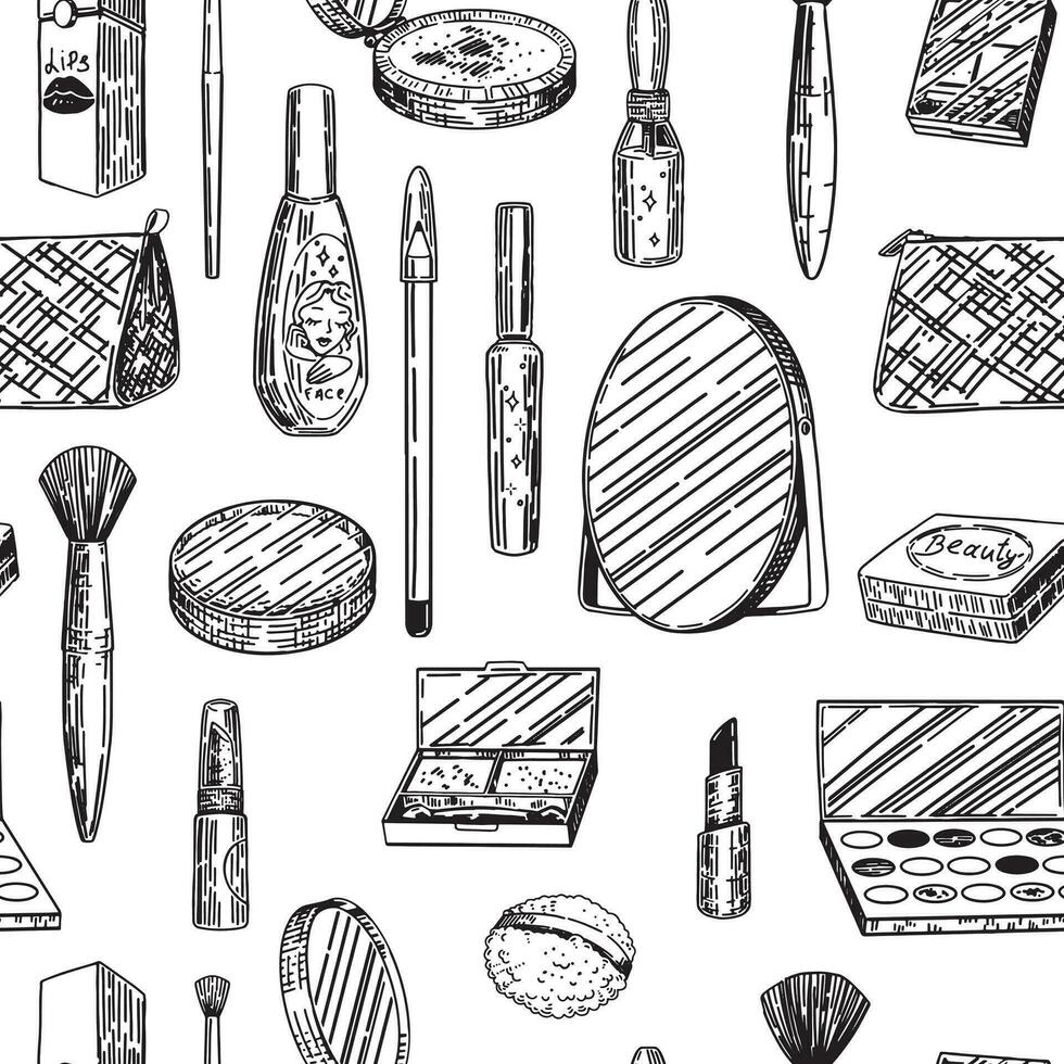 Abstract ornament of makeup kit. Beauty accessories cosmetic sketches seamless pattern. Hand drawn vector illustrations in retro style.