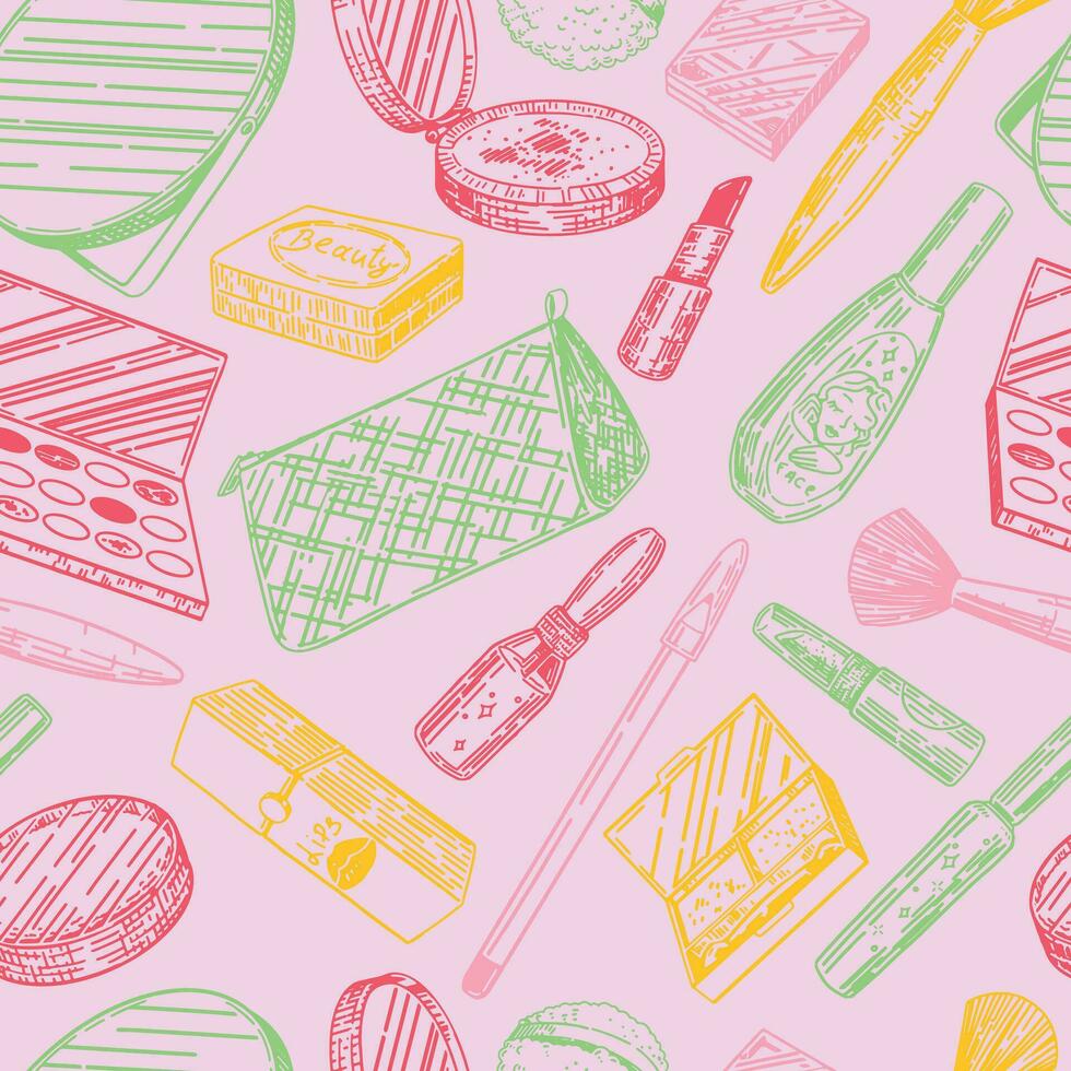 Abstract ornament of makeup kit. Beauty accessories cosmetic sketches seamless pattern. Hand drawn vector illustrations in retro style.