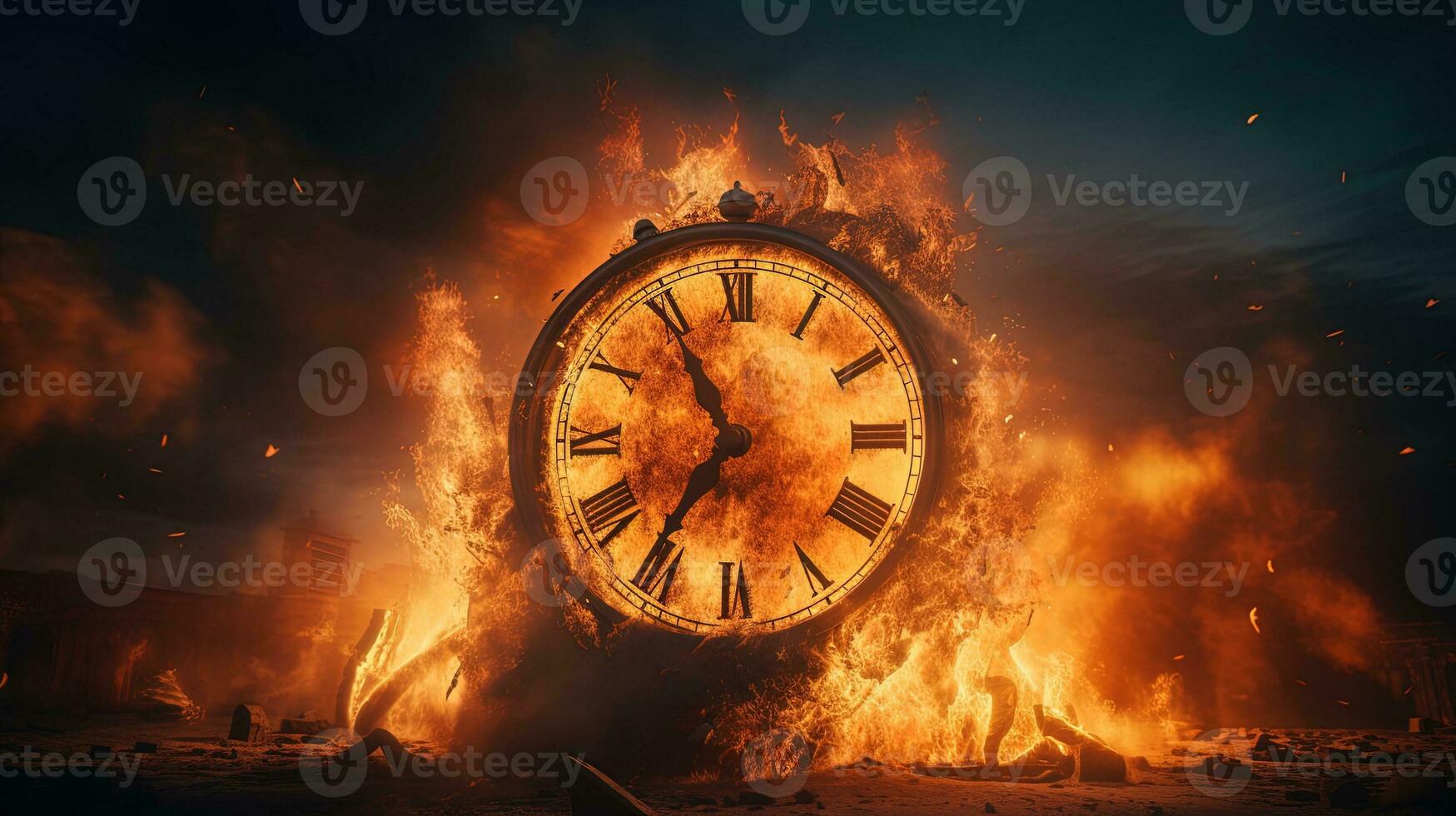 Big Clock Burnt on Fire, Surrealism Concept, Time Run Out Concept, Time