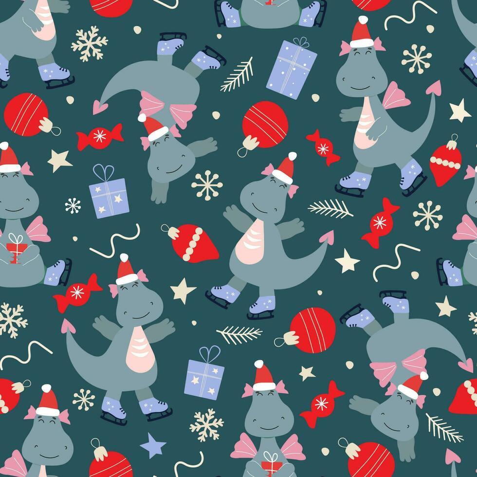 Seamless pattern with cartoon cute dragons on skates. Winter print with snowflakes, gifts, holiday decorations, fantasy animal, dinosaurs. Vector graphics.