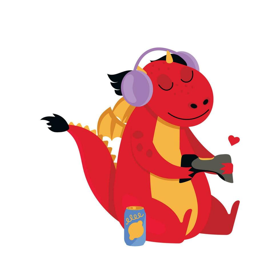 Funny dragon in headphones with a joystick plays a video game. Vector graphic.