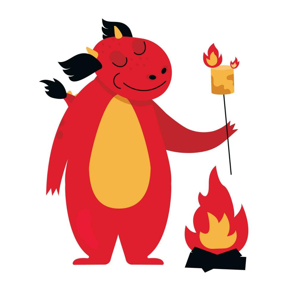 Funny dragon stands by the fire and roasts marshmallows. Vector graphic.