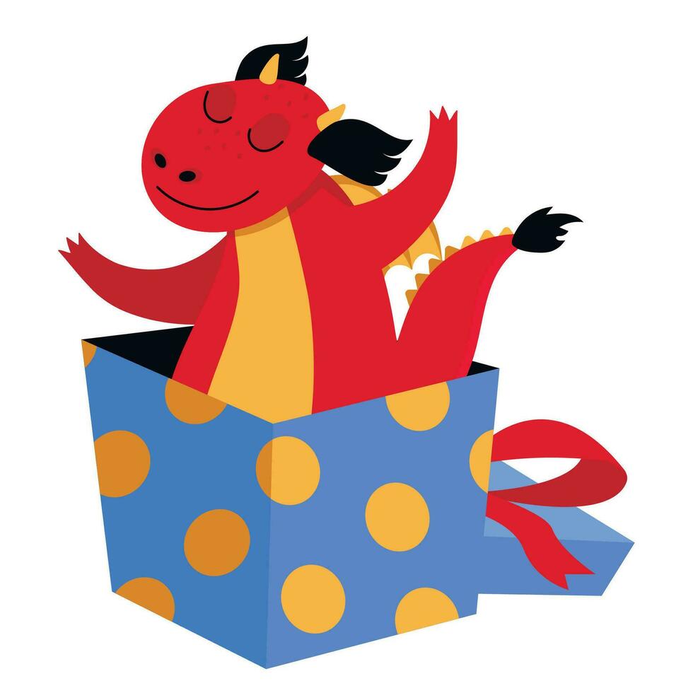 Funny dragon stands in a large gift box. Congratulations. Vector graphic.