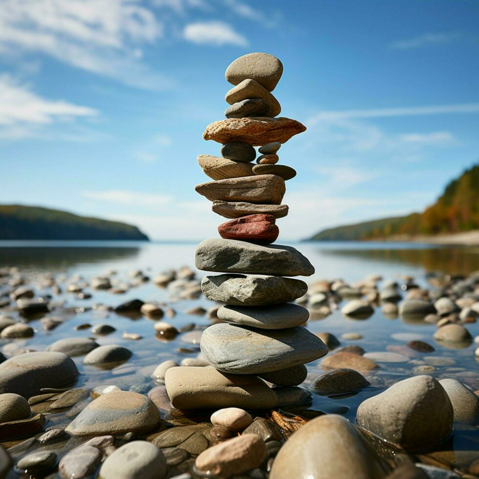 náutico formación mar besado piedras apilado dentro un pirámide a lo largo el apuntalar para social medios de comunicación enviar Talla ai generado foto