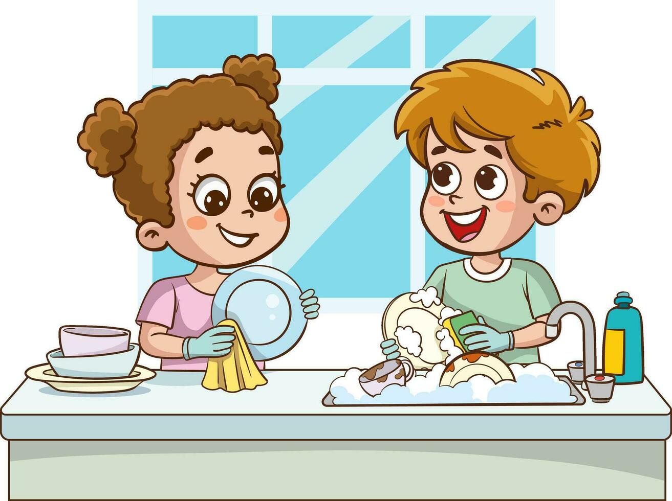happy cute little boy and girl washing dish together.Happy little children doing housework and cleaning together vector