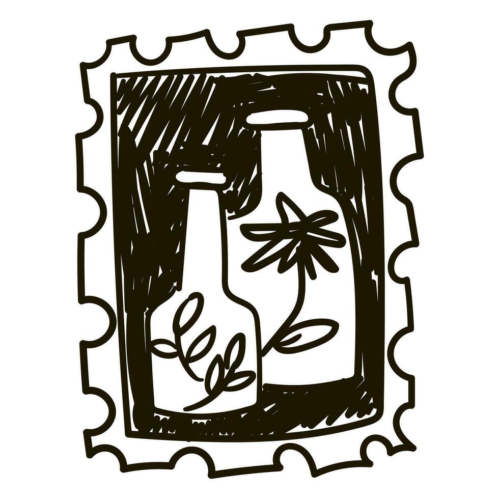 Cute brand with bottles for Halloween. Black and white drawing with strokes similar to ink. Vector illustration, sketch. Drawing, cute flower vases, black handle. Black pen on white. Illustration