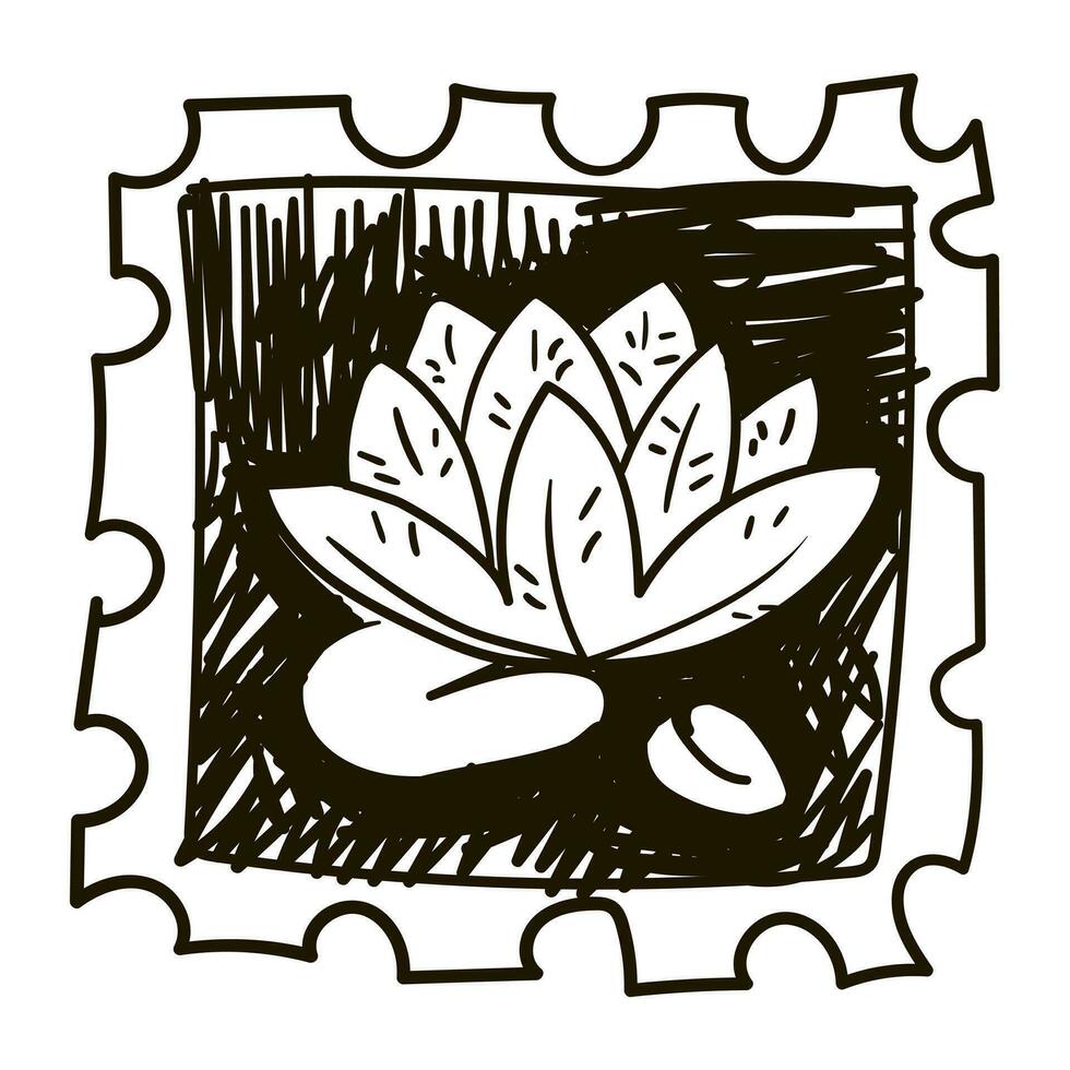 Cute stamp with a lily for Halloween. Black and white drawing with strokes similar to ink. Vector illustration, sketch. Drawing, cute contrasting flower, black handle. Black pen on white. Illustration
